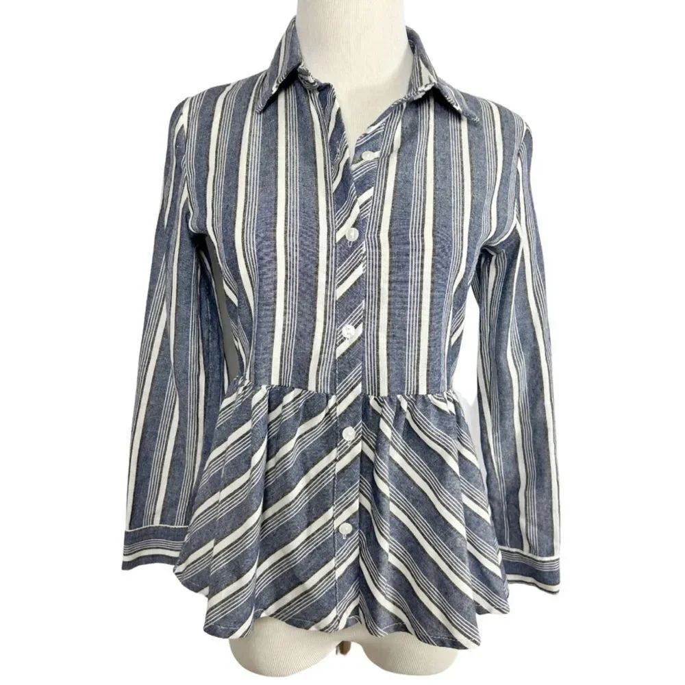 LOVE NOTES Blue Peplum Stripe Button Down Ruffle Long Sleeve Cotton Shirt